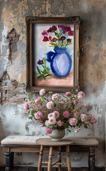 Flowers in blue vase In watercolors BSA01