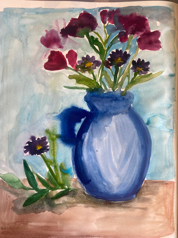 Flowers in blue vase In watercolors BSA01