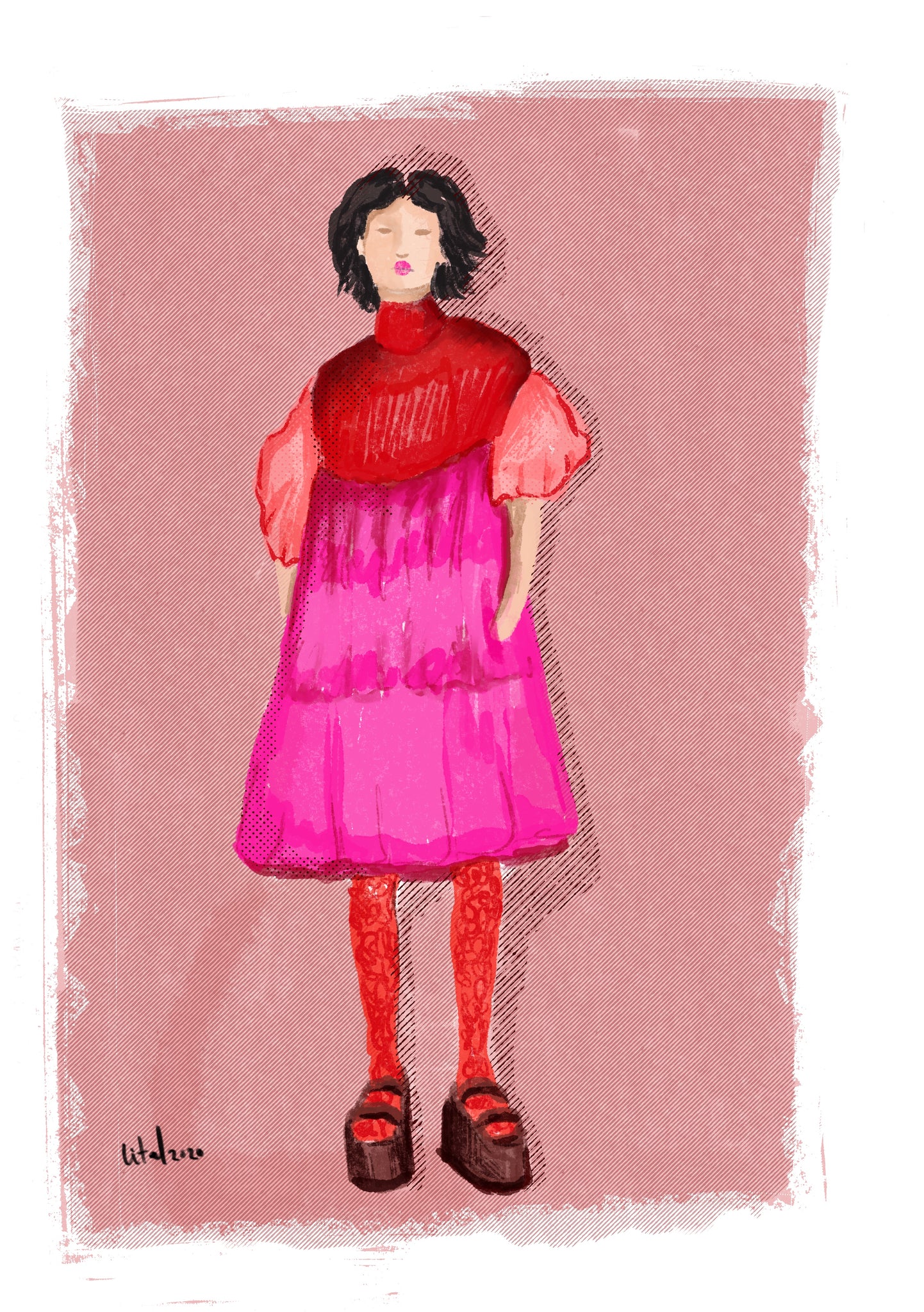 Pink red girl illustration BS0023